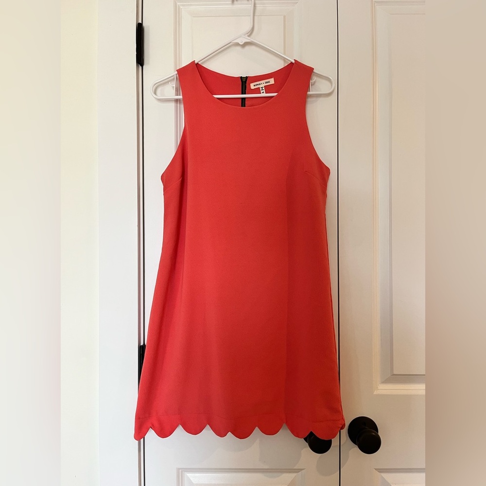 Scalloped coral shift dress